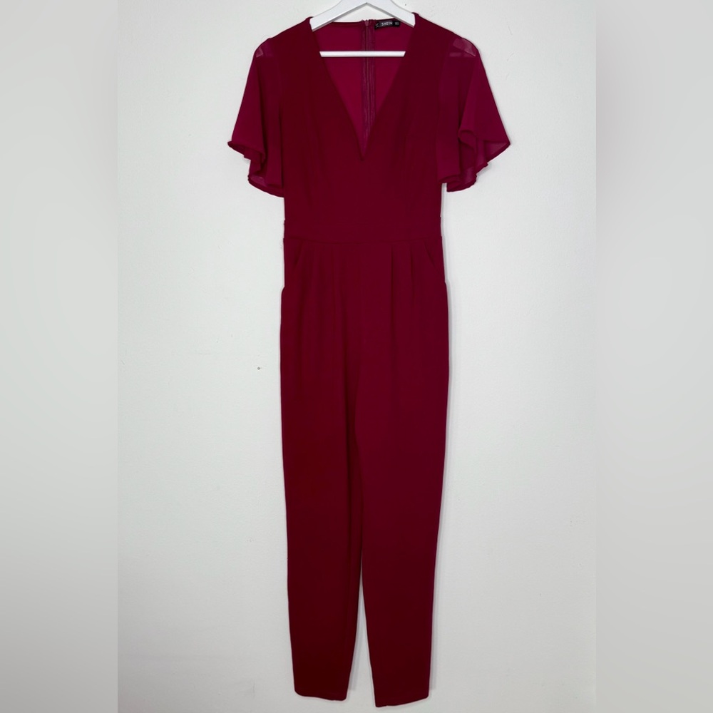SHEIN | Slant Pocket Burgundy V-Neck Flutter Sleeve Jumpsuit - 4